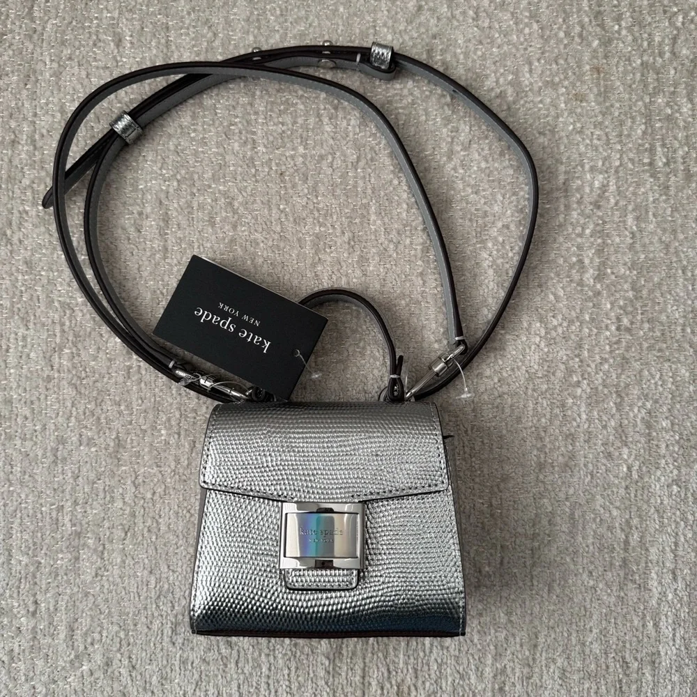 NWT Kate Spade Katy Silver Lizard Embossed Micro Crossbody